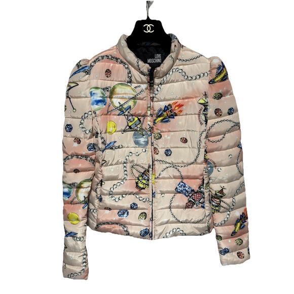 Love Moschino Jacket Womens 6 Pink Beige Quilted Puffer Allover Space Print Zip - Picture 1 of 15